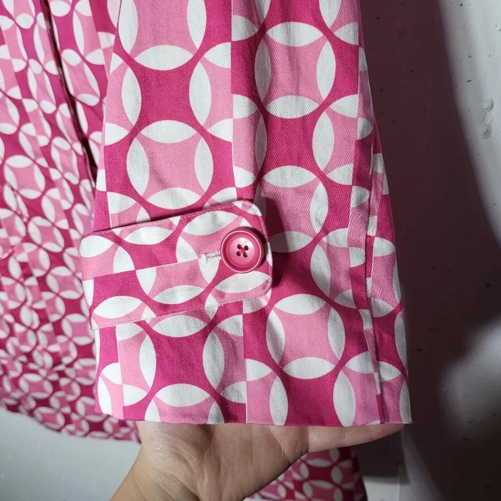 Madison Womens Pink Geometric Print Button Down Trench Coat Jacket‎ Size Small